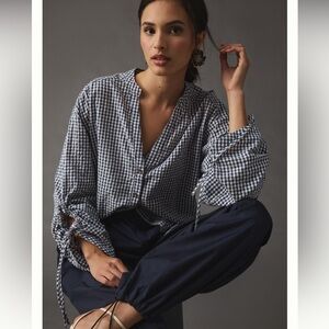 Anthropologie blue Pilcro Ruched-Sleeve Poplin Blouse size xl